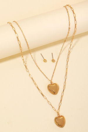 Double Metallic Polished Heart Pendant Necklace Set