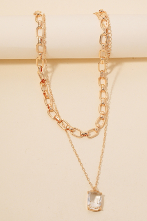 Faceted Gem Pendant Layered Chains Necklace Set