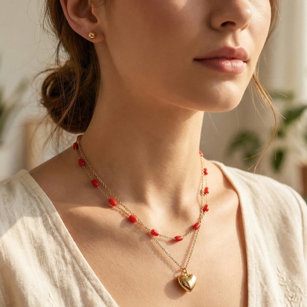 Heart Pendant Glass Station Beaded Layered Necklace Set