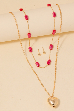 Heart Pendant Glass Station Beaded Layered Necklace Set