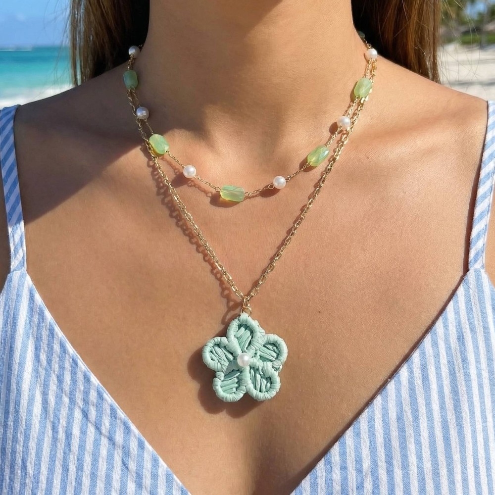 Paper Flower Pendant Mixed Beaded Layered Necklace Set