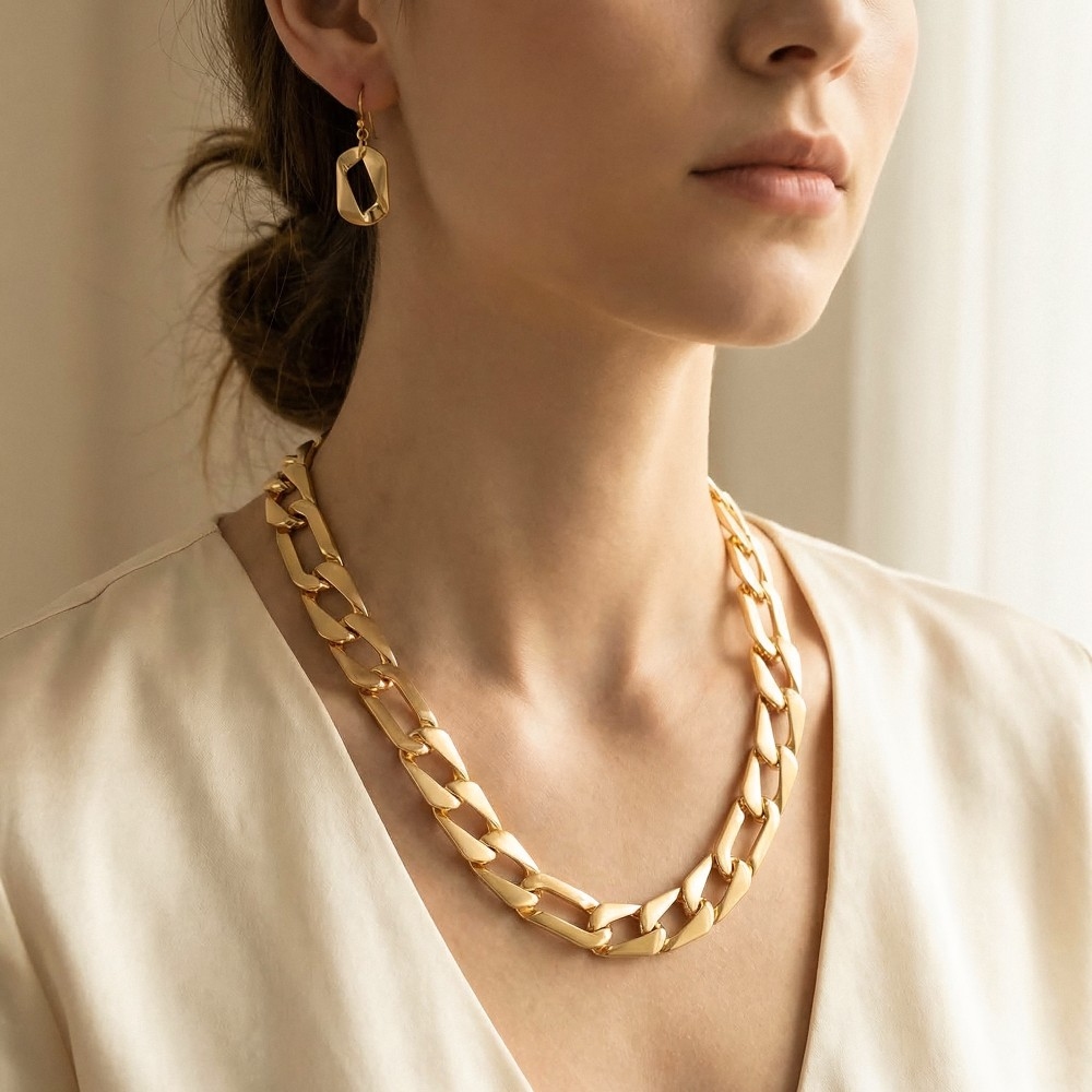 Brushed Metallic Flat Rectangle Classic Chain Necklace Set