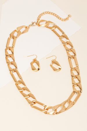 Brushed Metallic Flat Rectangle Classic Chain Necklace Set