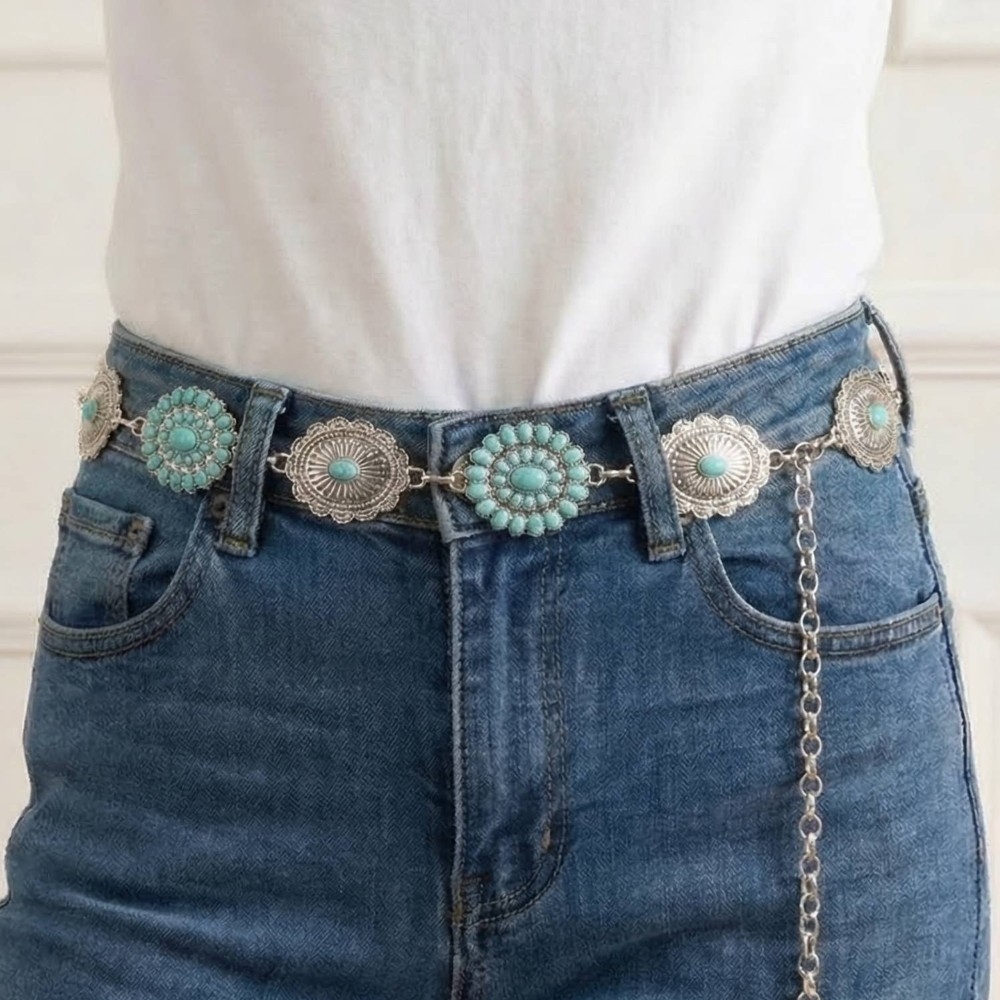 Abstract Oval Western Turquoise Concho Chain Belt