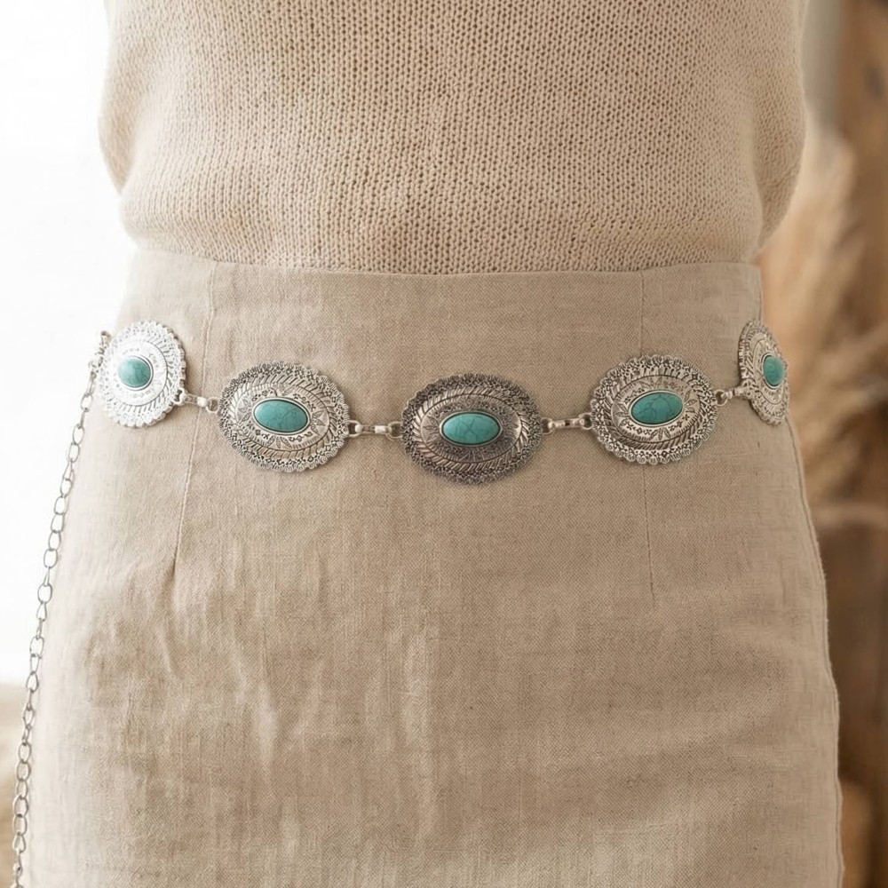 Western Turquoise Oval Concho Chain Belt