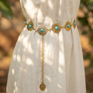 Floral Concho Turquoise Stone Chain Belt