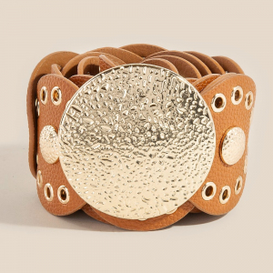 Hammered Disc Accent Faux Leather Panel Link Belt