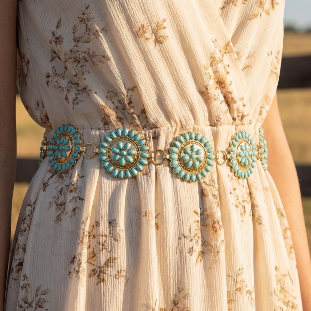 Round Stone Bead Concho Chain Belt