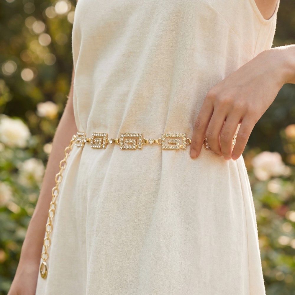 Crystal Greek Key Rectangle Link Chain Belt