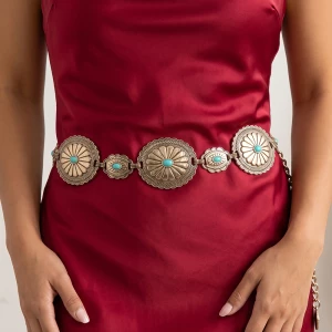 Graduated Turquoise Stone Sunburst Concho Chain Belt
