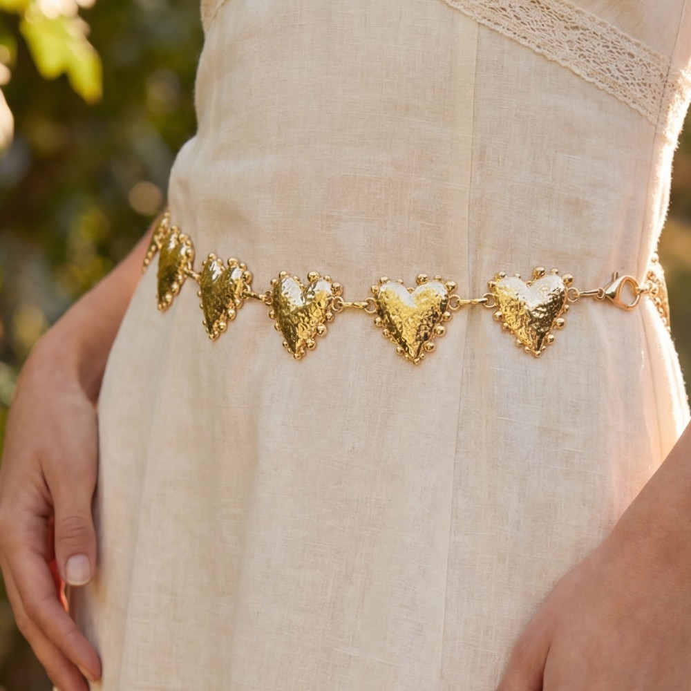Gold Hammered Heart Link Chain Belt