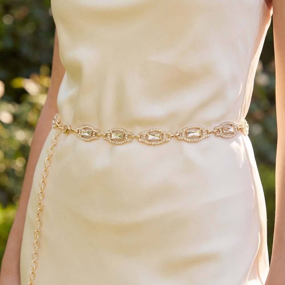 Gold Crystal Baguette & Rhinestone Oval Link Chain Belt