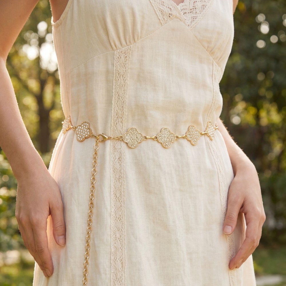 Gold Cz Pave Solid Clover Link Chain Belt