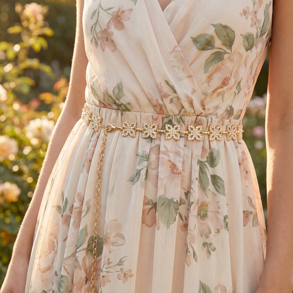 Gold Cz Clover Link Chain Belt