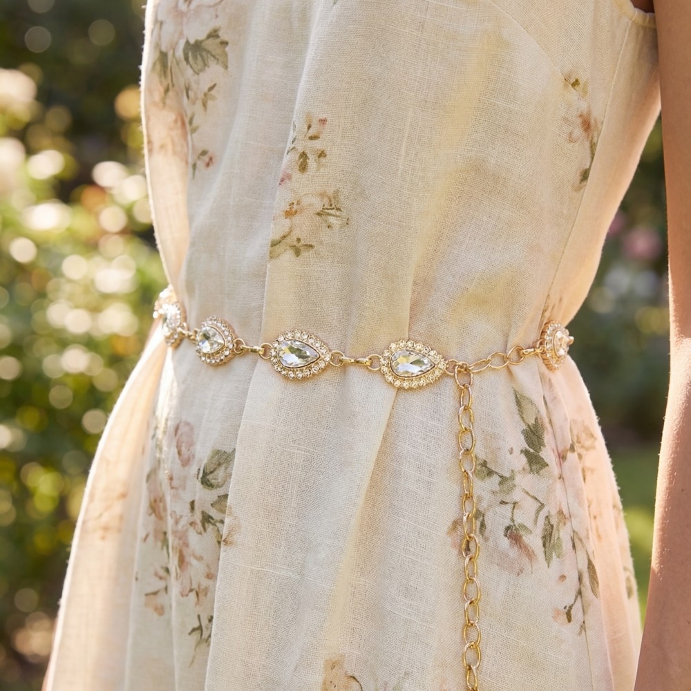 Gold Crystal Teardrop & Pearl Halo Link Chain Belt