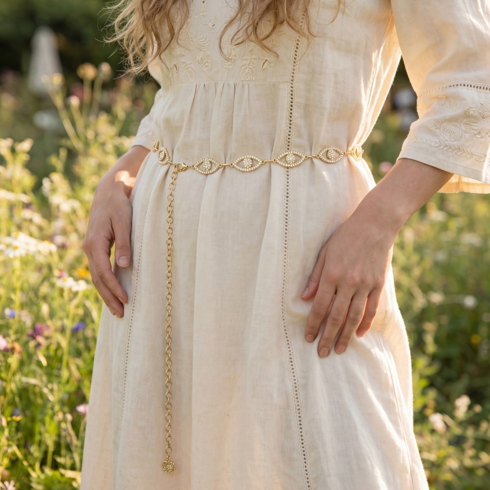 Gold Cz Evil Eye Link Chain Belt