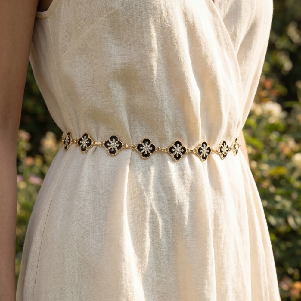 Gold Black Enamel & Cz Clover Link Chain Belt