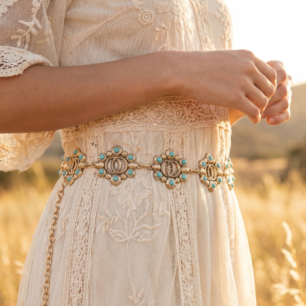 Turquoise Floral Concho Chain Belt