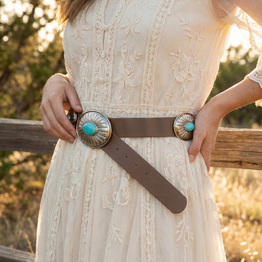 Western Turquoise Stone Concho Vegan Leather Belt
