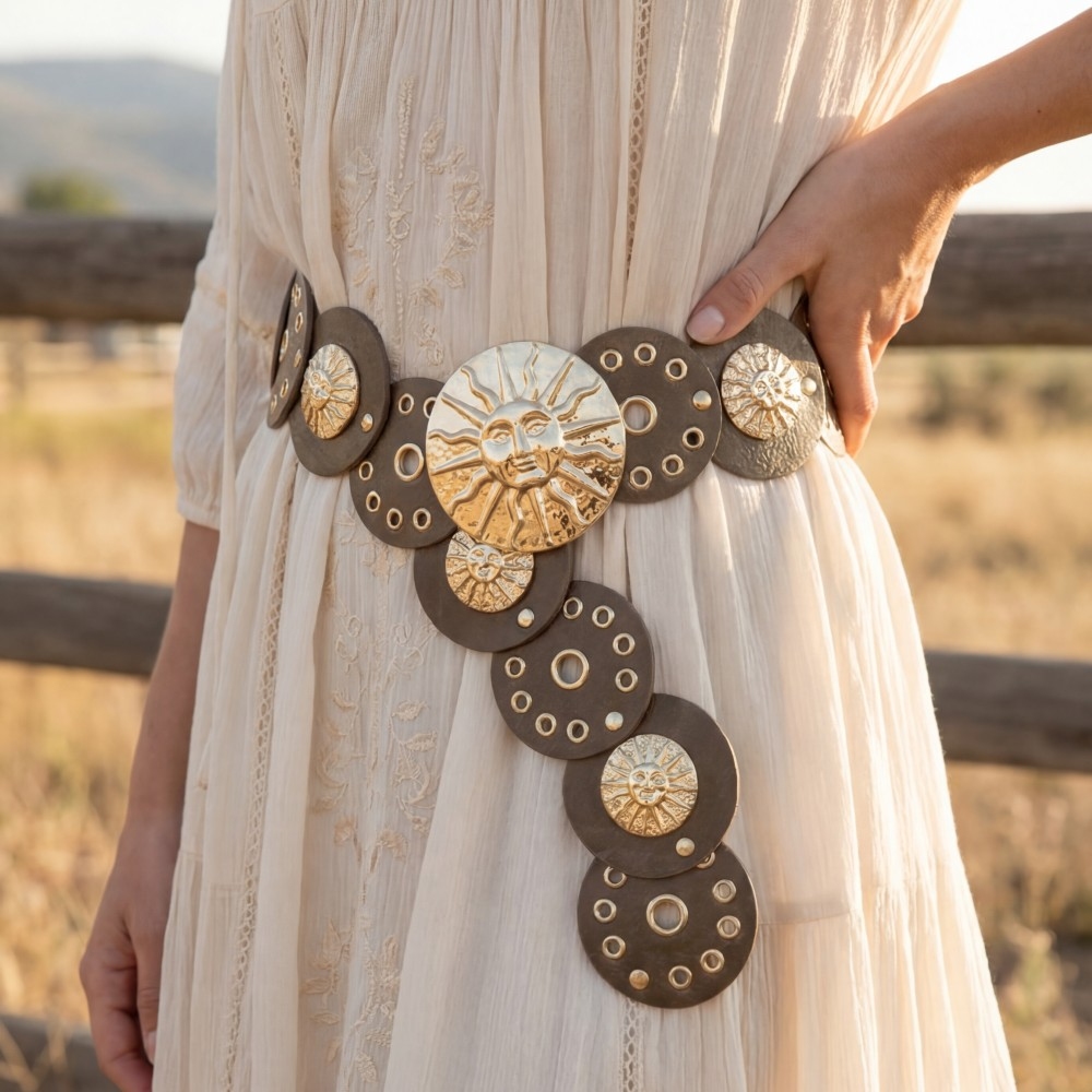 Vegan Leather Disc Sun Face Medallion Grommet Belt