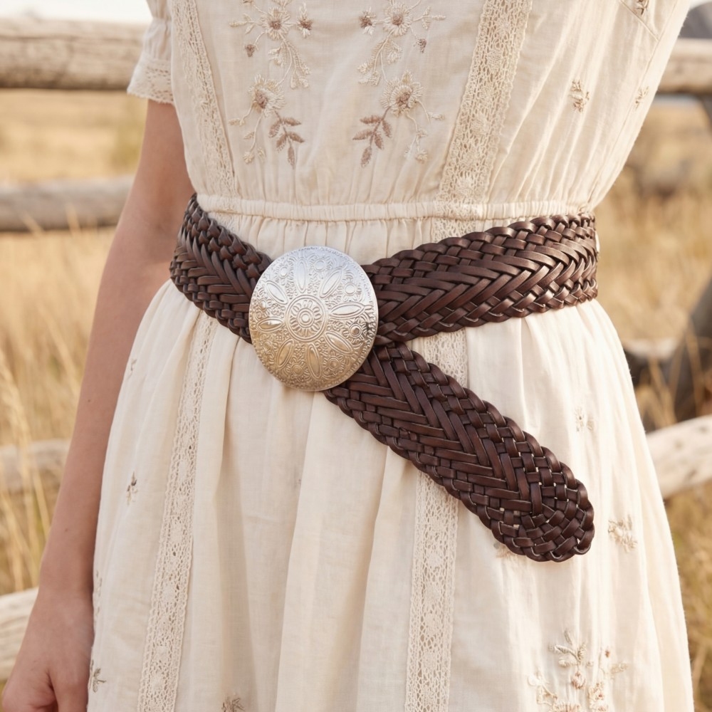 Braided Vegan Leather Round Concho Belt