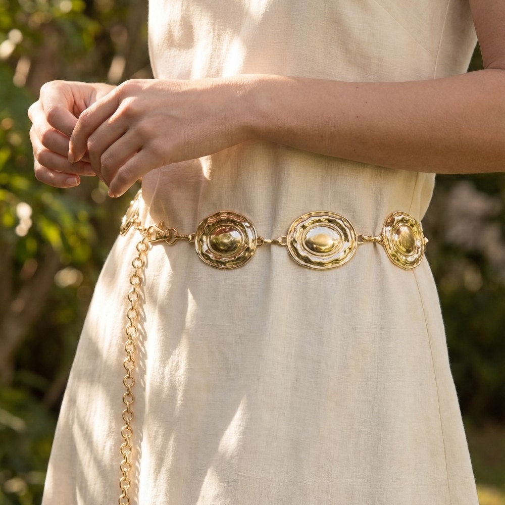 Gold Hammered Dome Oval Medallion Link Chain Belt