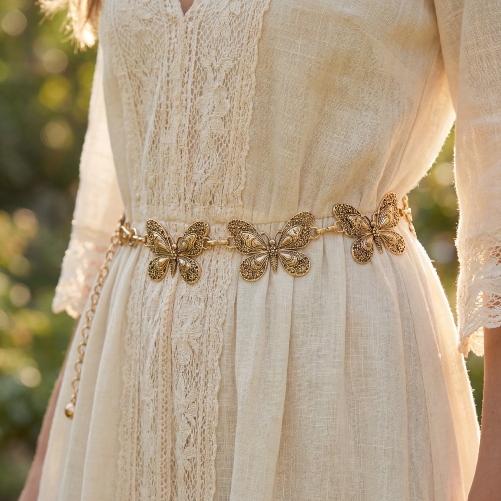 Antique Gold Filigree Butterfly Link Chain Belt