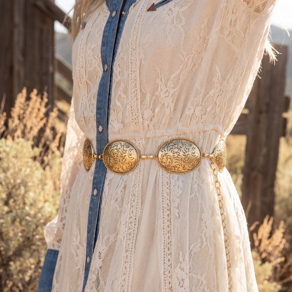 Oval Floral Etched Concho Chain Belt