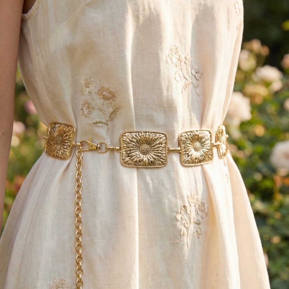 Gold Engraved Sunflower Square Medallion Link Chain Belt