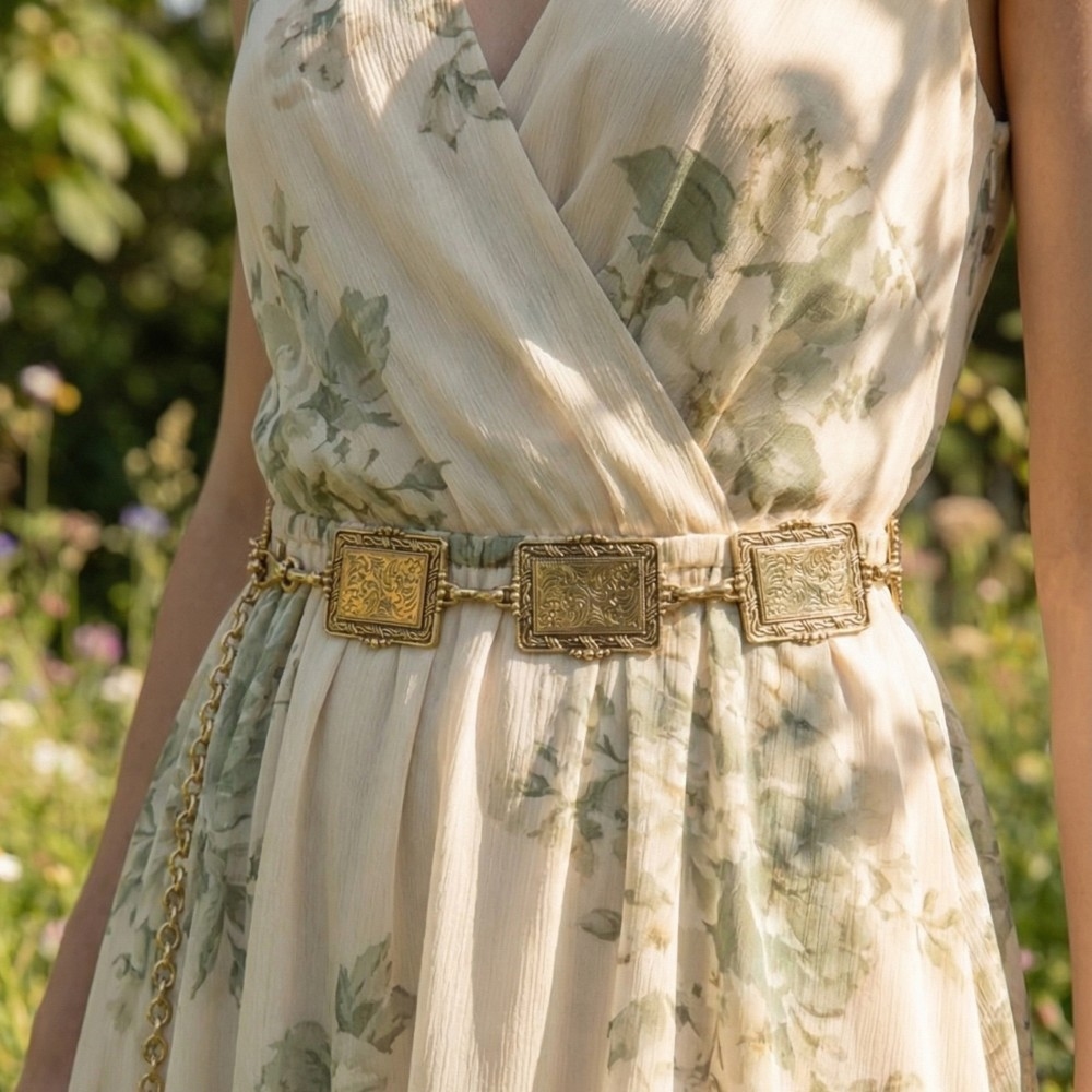 Floral Rectangle Concho Link Chain Belt