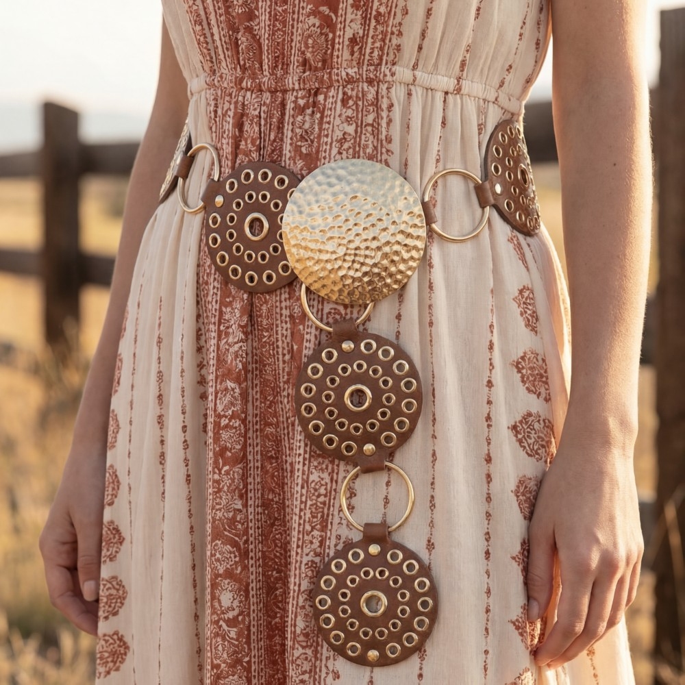 Hammered Medallion Chain Leather Studded Disc Belt