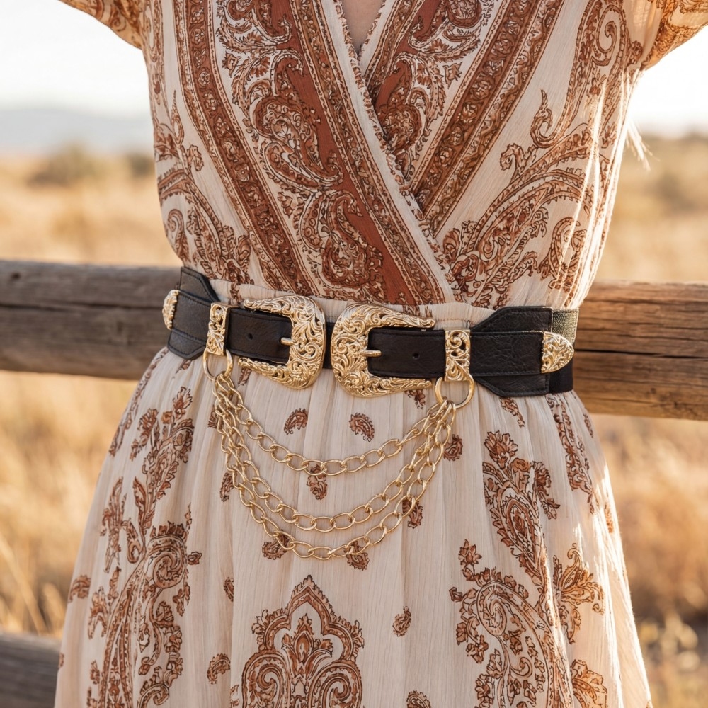 Gold Double Buckle Chain Detail Vegan Leather Belt