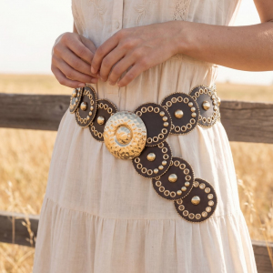 Gold Studded Circle Concho Wide Vegan Leather Belt