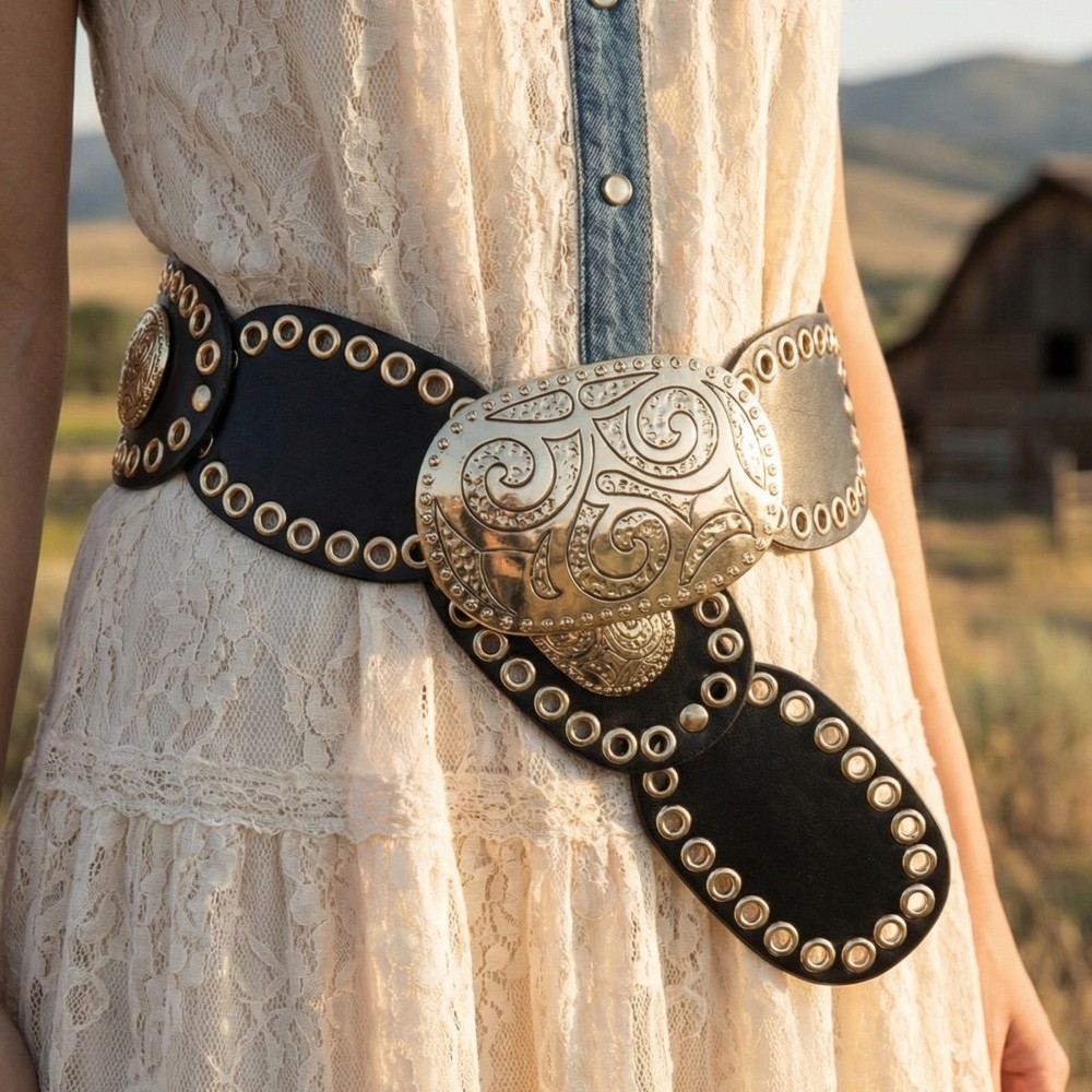 Gold Oval Grommet Concho Wide Belt