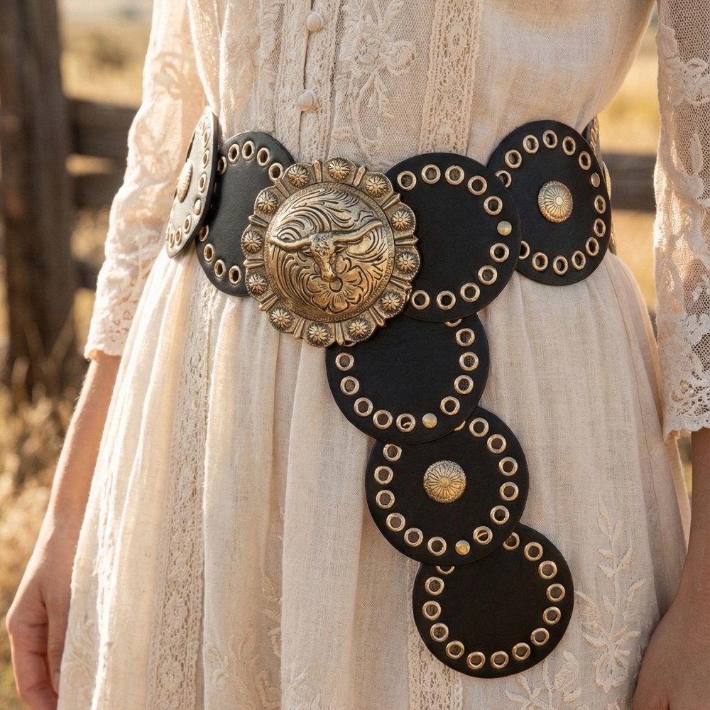 Gold Circle Grommet Concho Wide Belt