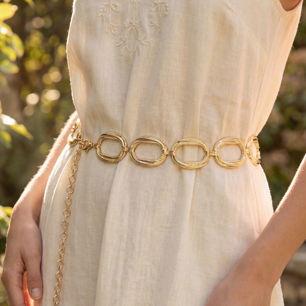 Gold Textured Open Oval Link Chain Belt
