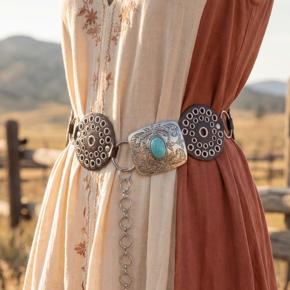 Vegan Leather Studded Disc Engraved Buckle Chain Belt