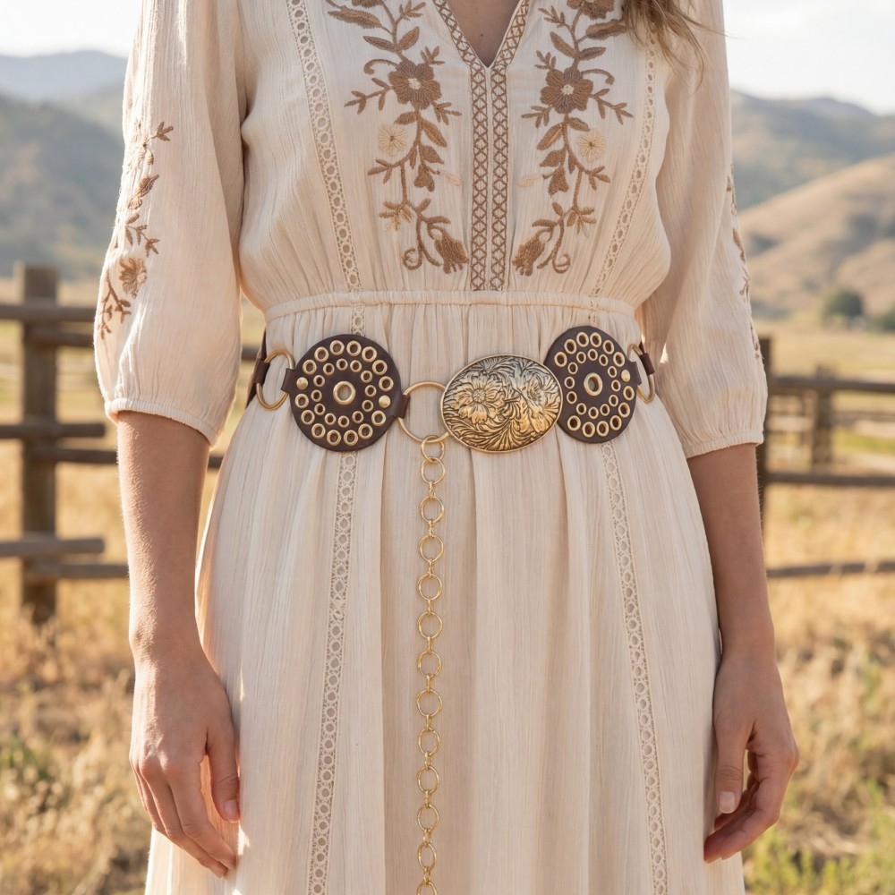 Vegan Leather Studded Disc Floral Medallion Chain Belt