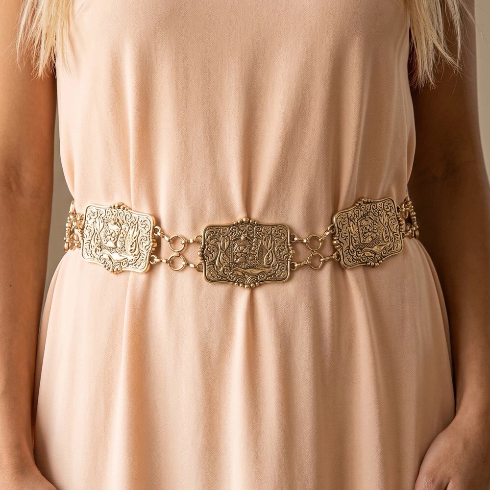 Engraved Cowboy Boot Buckle Plate Chain Belt