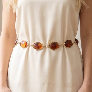 Amber Tone Bezel Set Oval Stone Chain Belt