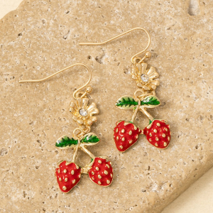 Flower And Strawberries Fruit Enamel Dangle Earrings