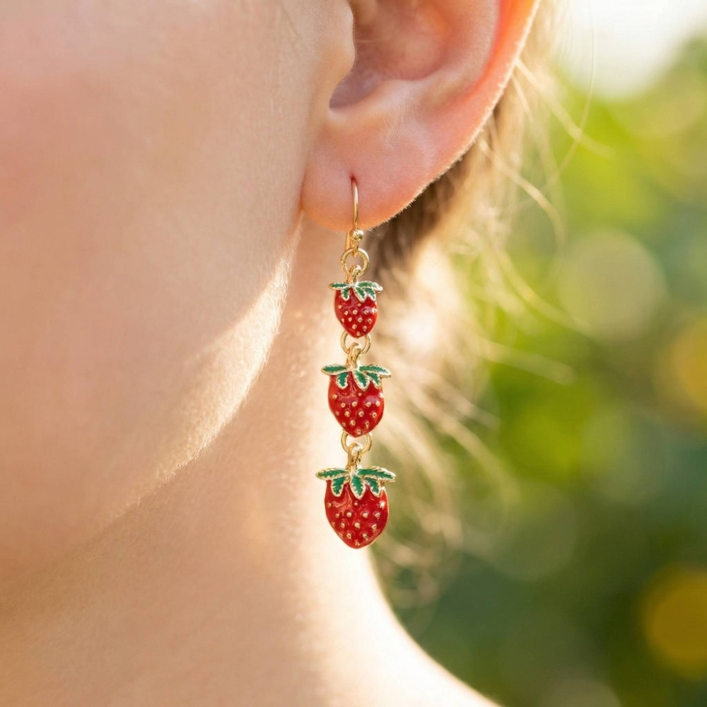 Multi Enamel Strawberry Fruit Link Dangle Earrings