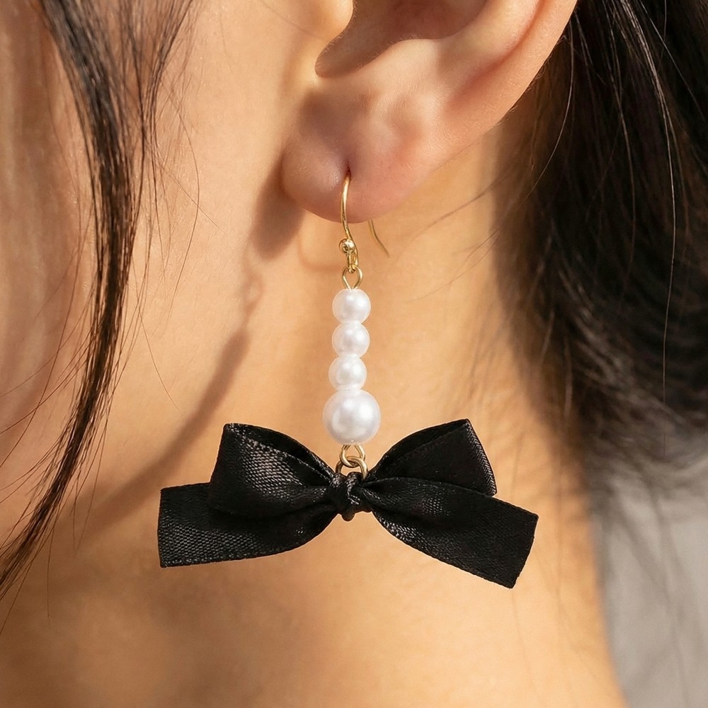Pearl Beaded Bar And Ribbon Bow Dangle Earrings