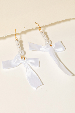 Pearl Beaded Bar And Ribbon Bow Dangle Earrings