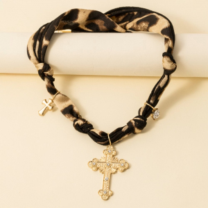 Cross Pendant And Charms Leopard Bandana Necklace