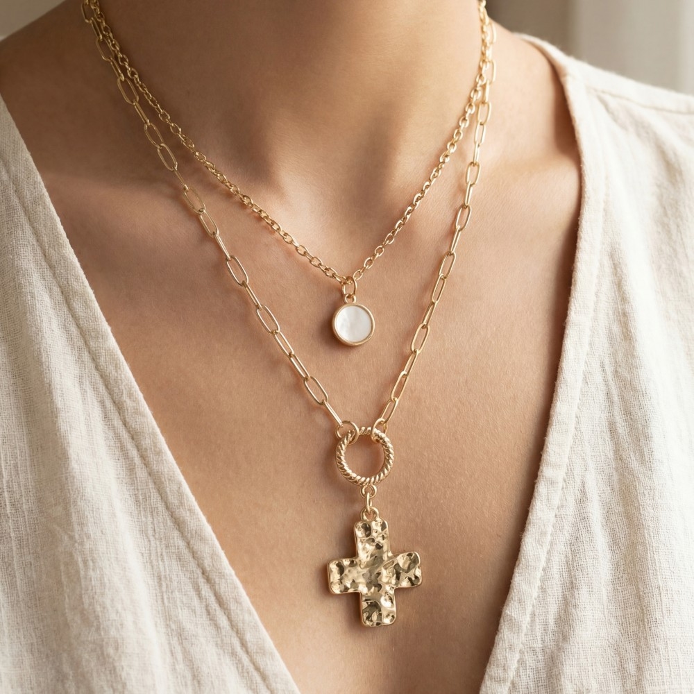 Hammered Cross Pendant Layered Necklace