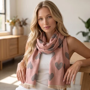 Heart Print Lightweight Fringe Scarf