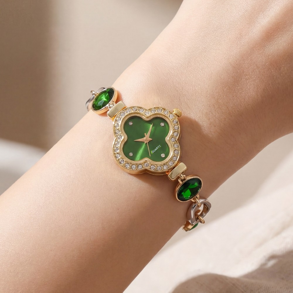 Green Clover Cz Toggle Chain Bracelet Watch