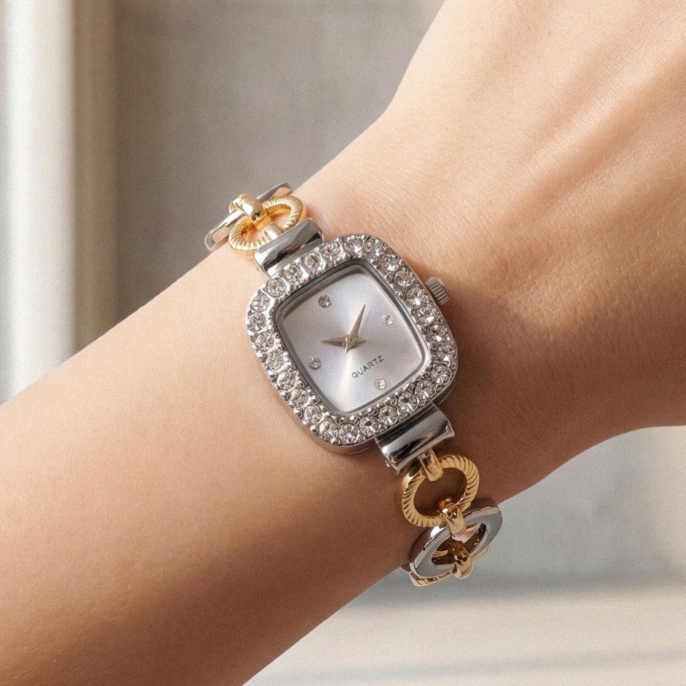 Two Tone Cz Toggle Chain Bracelet Watch