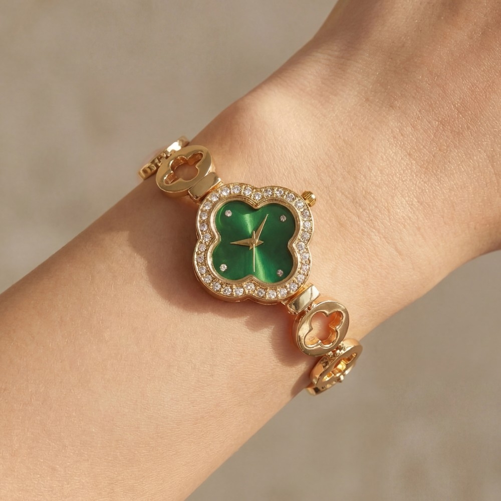 Green Pave Clover Toggle Chain Bracelet Watch
